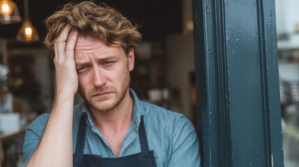 Frustrated Small Business Owner Standing Inside Empty Shop, Expressing Concern About Future and Challenges Facing Local Enterprises