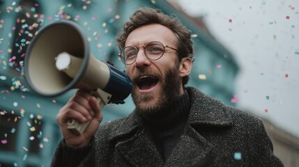 Man Shouting Through Megaphone Surrounded by Colorful Confetti Explosion in Urban Setting Capturing Vibrant Energy and Enthusiasm