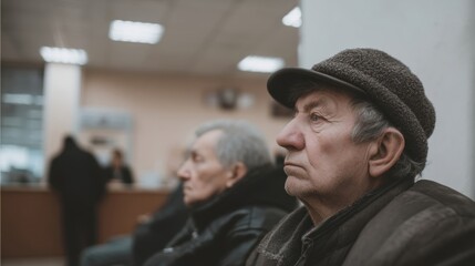 Elderly Men Sitting Silently in Public Assistance Office, Reflecting on Life While Waiting for Service in Busy Environment