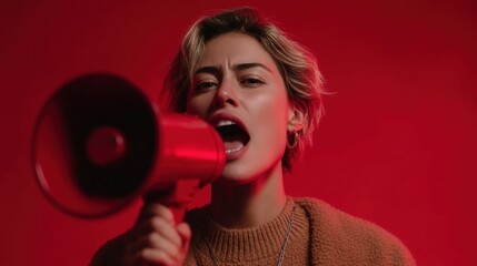 Woman Holding Red Megaphone in Studio with Dramatic Lighting, Conveying Passionate Message and Strong Emotions for Impactful Communication