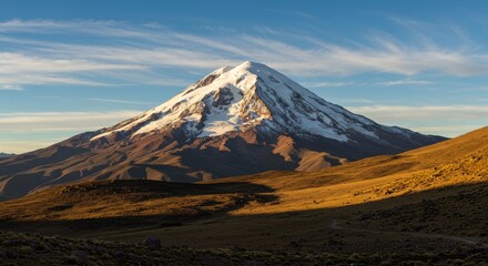 Fototapeta premium Huayna Potosi Mountain Peak Bolivia Andes Cordillera Landscape - Majestic snow-capped Huayna Potosi mountain peak dominates the Bolivian Andes landscape at sunset, symbolizing adventure, serenity