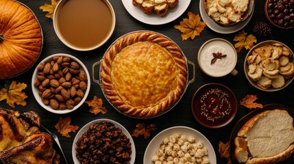 A Thanksgiving feast with various dishes and autumn leaves.