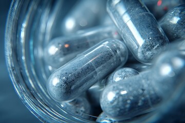 Capsules of medicine, filled with sparkling, light reflecting material, viewed from above inside a clear container.