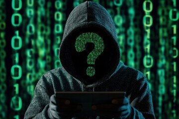 Digital question mark amidst a stream of glowing binary code