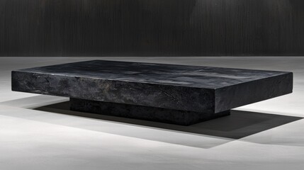 A black coffee table with a textured surface and a rectangular base.