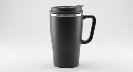 Insulated Travel Mug with Lid - A sleek, black insulated travel mug, perfect for keeping beverages hot or cold. Symbolising convenience, portability, warmth, refreshment, and