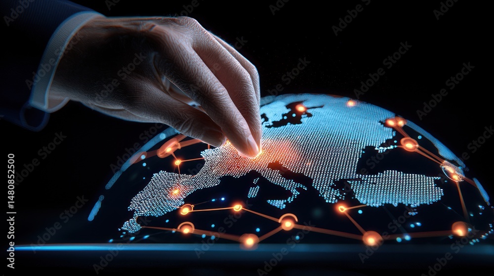 Poster hand touching digital globe showing europe and network connections
