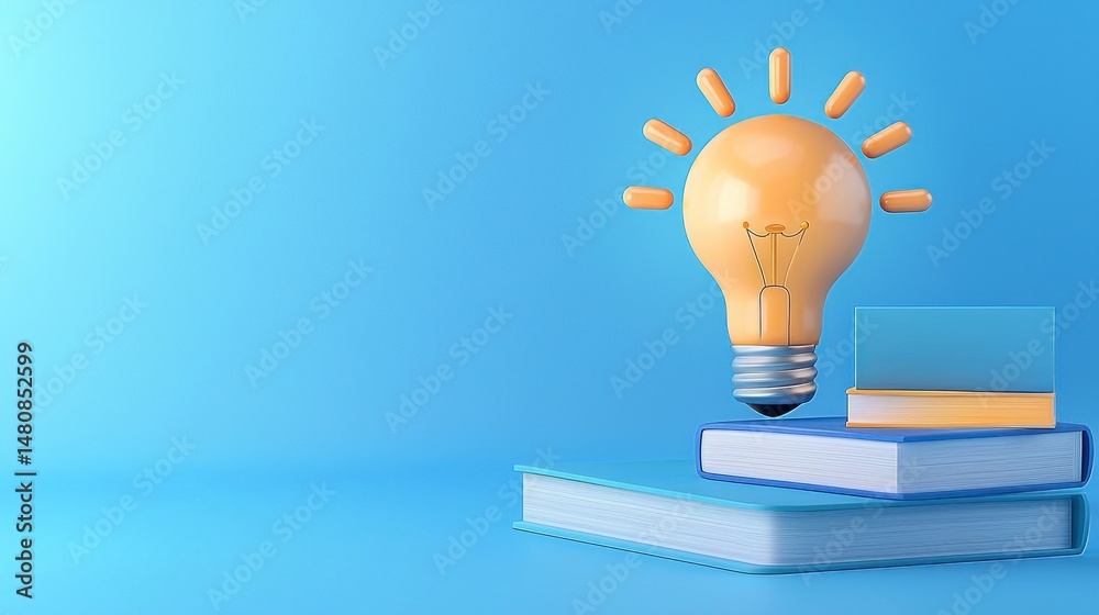 Aufkleber lit lightbulb sits atop a stack of books