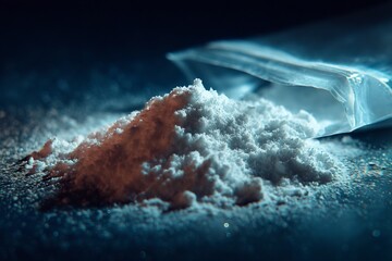 Close-up of White Crystalline Powder Pile with Plastic Bag on Dark Surface, Representing Substance
