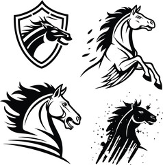 set of black and white horses silhouette