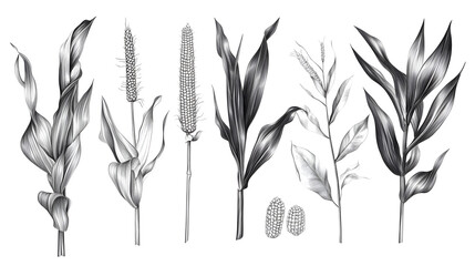Black and white illustration of various corn plants showcasing detailed leaves and ears.