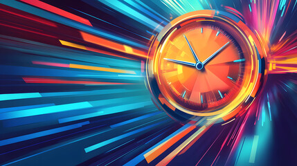 A vibrant clock design with dynamic light streaks, symbolizing the passage of time in a colorful, abstract composition.