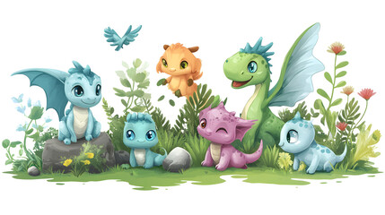 Naklejka premium A playful group of colorful cartoon dragons, featuring adorable expressions amidst a lush, whimsical landscape.