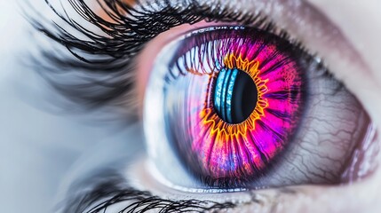 Macro shot of human eye iris showing radial fibers vibrant color patterns with sharp pupil contrast