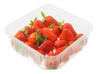 Plastic tray with tasty fresh strawberry on white background. Fine juicy fruit for sale. Organic berry.