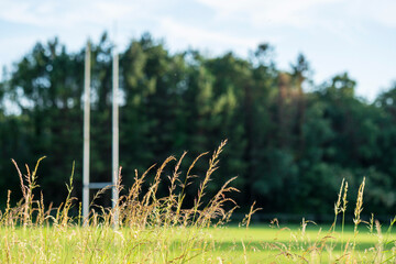 Training ground in a park with tall goal post for popular Irish national sports camogie, hurling, rugby, football, Warm sunny day, blue sky. Soccer field. Outdoor activity. Team game equipment. © mark_gusev