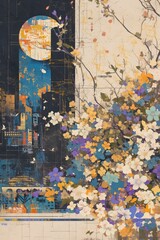 Nocturnal cityscape scene with vibrant floral abundance