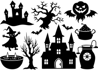 Creative details Collection of Halloween silhouettes. Haunted house, creepy tree, flying witch, pumpkins, halloween ghost, owl, coffin lid icon Vector Illustration