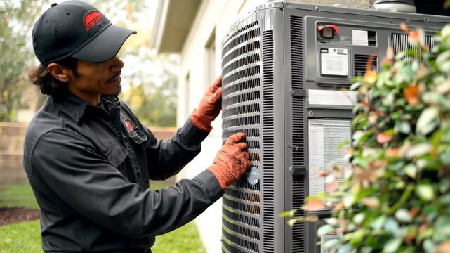 HVAC technician repairing outdoor air conditioning unit