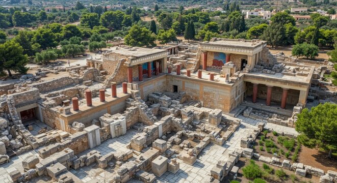 Knossos Palace Ruins Aerial View - Panoramic aerial view of the ancient Minoan Palace of Knossos ruins in Crete, Greece. Shows the extensive complex and surrounding landscape