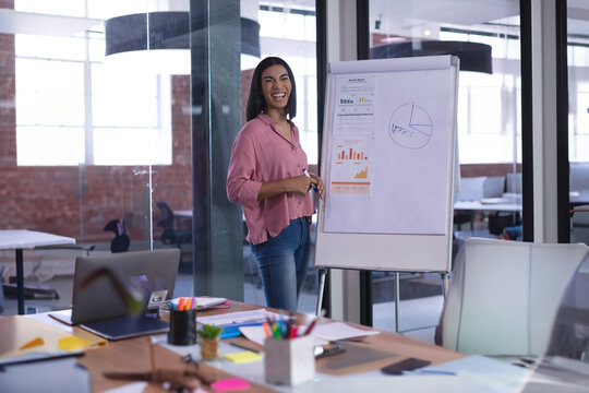 Young adult woman presenting data on flip chart in modern open-plan office, with laptop and marker