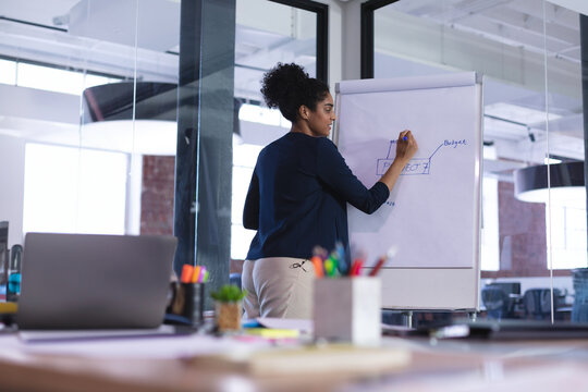 Professional woman writing on flip chart in modern open-plan office, using blue marker and plant