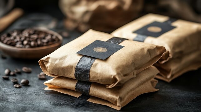 Coffee bean packages wrapped in kraft paper with black labels on dark background.
