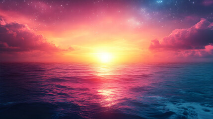Naklejka premium Vibrant sunset over a calm ocean, painted with pink, purple, and blue hues, under a starry, cosmic sky