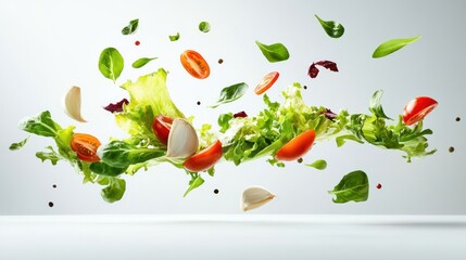 Fresh salad ingredients dynamically floating vibrant colors culinary concept