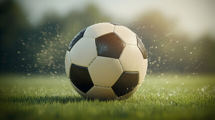 Naklejka premium Wet soccer ball on a grassy field, glistening with water droplets. Sunlight illuminates the scene