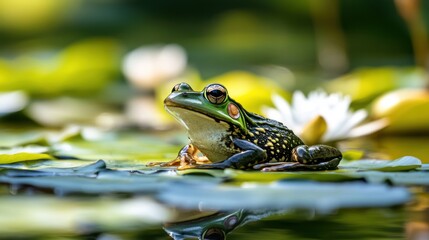 Green frog on lily pad in a pond nature wildlife photography