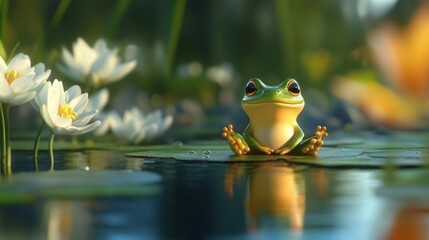 Cute cartoon frog on lily pad in sunny pond