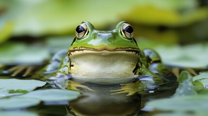 Green frog in water lily pads close up wildlife photography