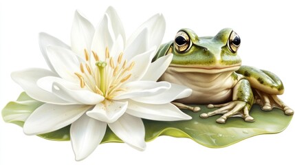 Green frog on white water lily pad nature wildlife illustration