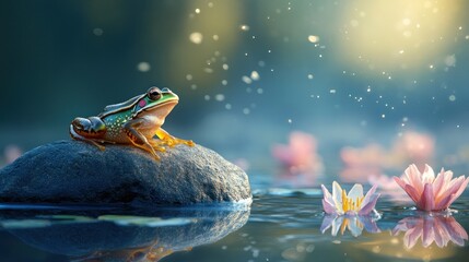 Vibrant frog on rock water lilies sunlight nature scene