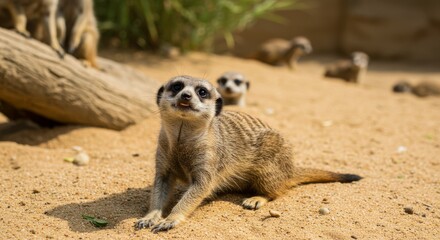 Fototapeta premium Meerkat Family Fun at Dubai Safari Park - Adorable meerkats playing, symbolizing family, wildlife, nature, and the UAE's rich biodiversity. Captures playful moments in a desert habitat