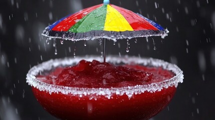 Red frozen cocktail with colorful umbrella in rain