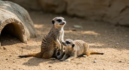 Fototapeta premium Meerkat Family Fun at Dubai Safari Park - Adorable meerkats playing together, symbolizing family, wildlife, conservation, joy, and the UAE's natural beauty