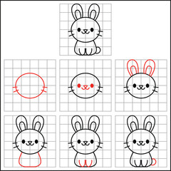 easy step by step cute bunny drawing sketch with grids to learn how to draw for kids