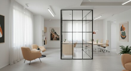 Fototapeta premium Minimalist Office Design with Glass Partition - Modern workspace, sleek design, glass partition, natural light, open plan office. Symbolizing efficiency, transparency, collaboration, innovation