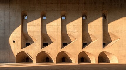 A concrete building with a series of arches and windows.