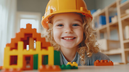 A young child wearing a yellow safety helmet smiles while playing with building blocks in a bright, cheerful room, building a toy house.