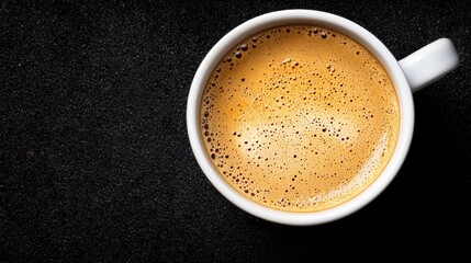 A cup of coffee with a white handle and a dark brown liquid.