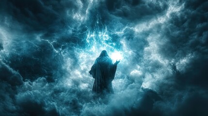 Hooded figure and stormy sky glowing energy mystical power dramatic lighting