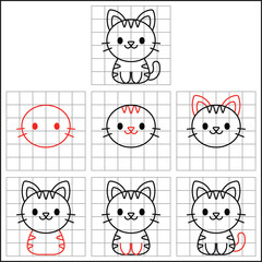 easy step by step cute cat drawing sketch with grids to learn how to draw for kids