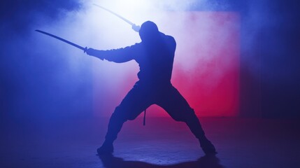 Ninja warrior silhouette dual swords action pose dramatic lighting
