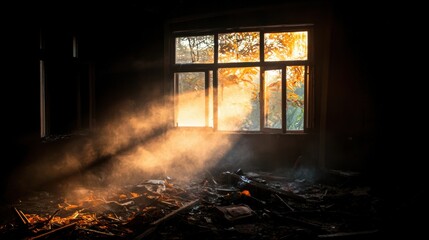 A room in ruins with a window and smoke.