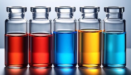 a row of colorful glass vials with blue red and yellow liquid inside