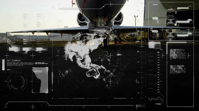 Commercial jet undergoing technical scanning in 3D render on sunlit tarmac with vehicles