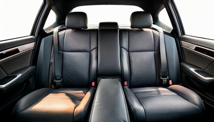 interior of a modern car showing empty black leather seats and seatbelts ready for passengers